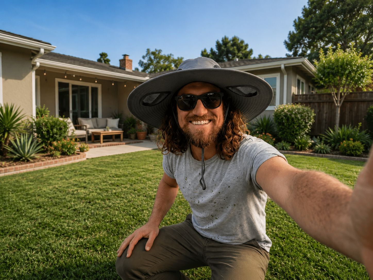 Jr kneeling on a healthy backyard lawn he just finished