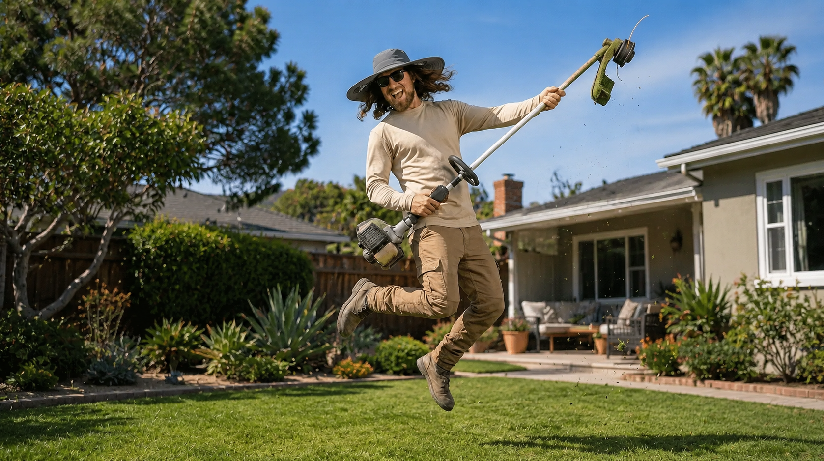 Jr jumping for joy with a string trimmer over a green lawn