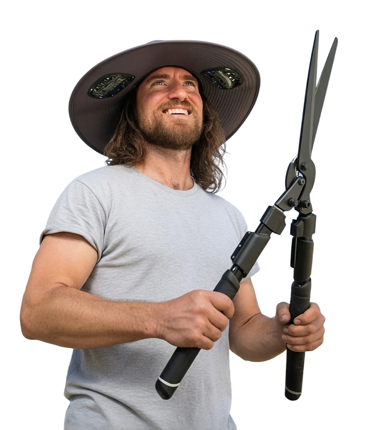 Jr of Jr Mows Best smiling in his signature wide-brim sun hat, holding hedge shears
