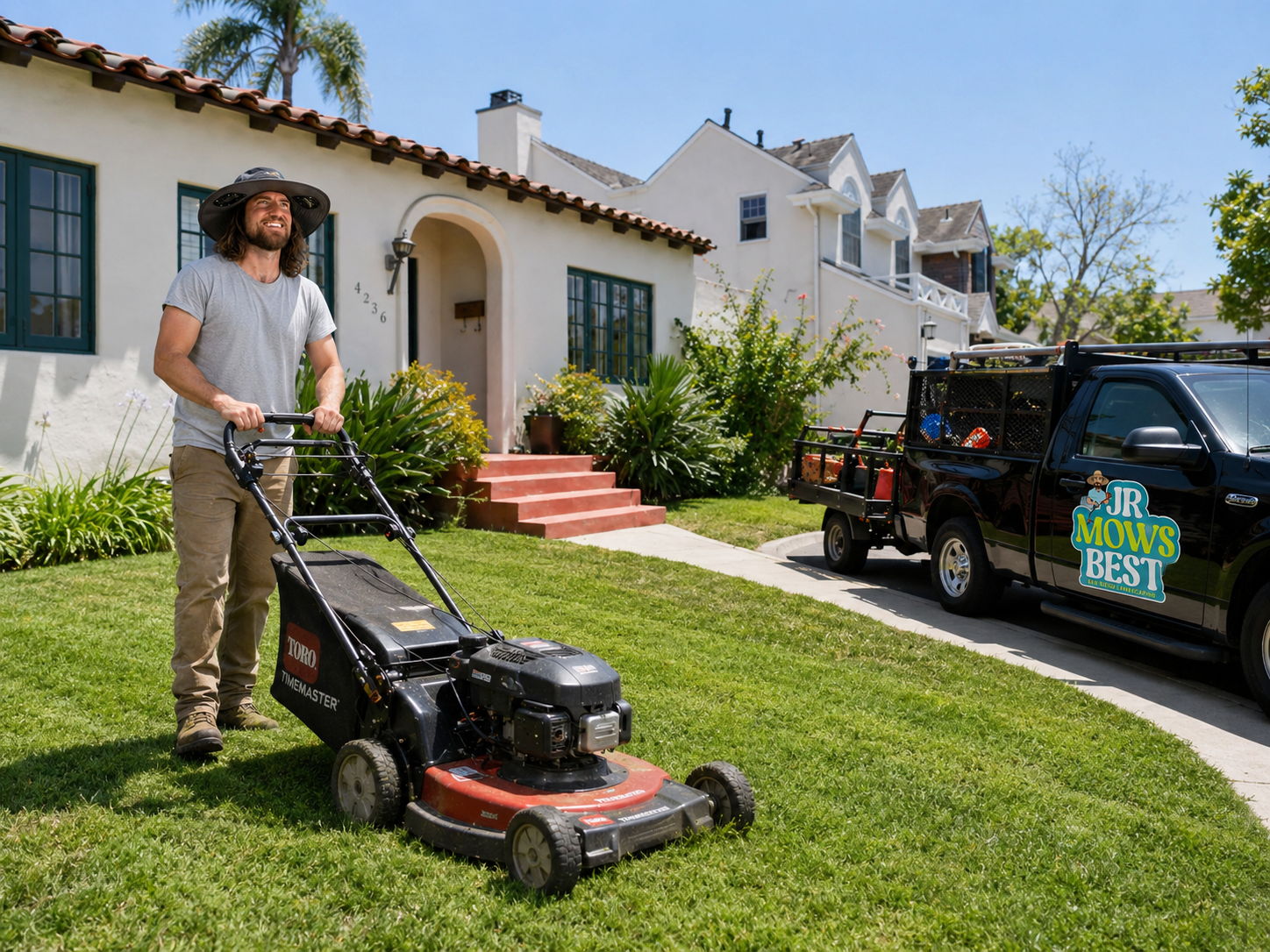 Jr of Jr Mows Best smiling while mowing a San Diego front lawn beside his branded pickup truck