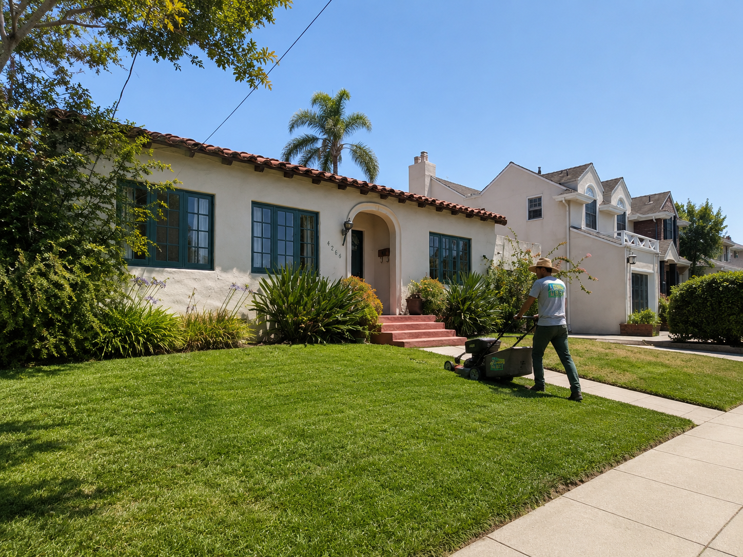 Jr mowing a lush green front lawn outside a Spanish-style San Diego home